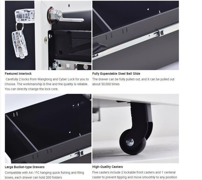 Metal Modern Furniture Mobile Filing Cabinet with Wheel and Drawers