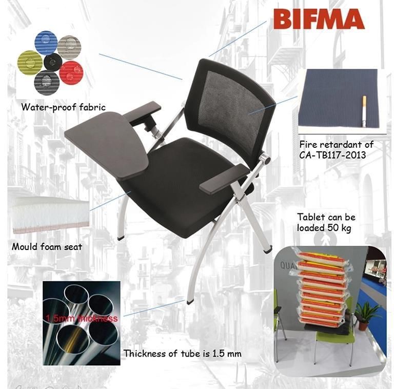 Black Fabric Fixed Armrest Conference Office Folding Chair with Waritting Board