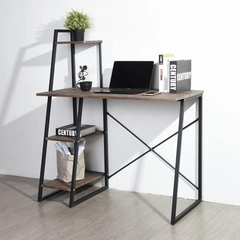 Durable Small Space Home Workstation Modern PC Laptop Study Writing Table Compact Brown Office Desk with Storage Shelf