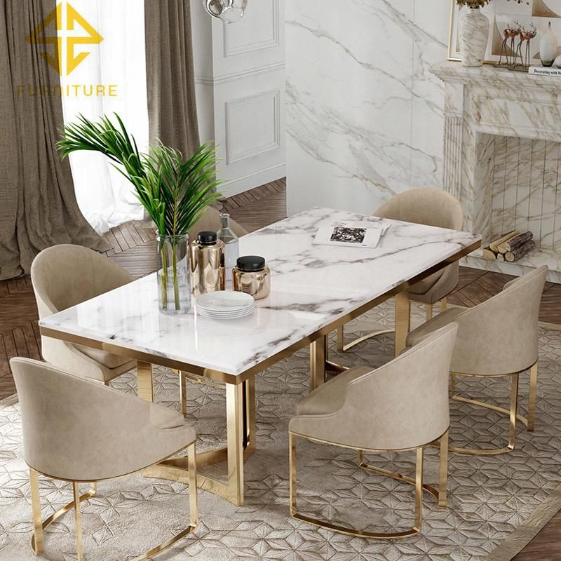 Classical Style Popular Stainless Steel Frame MDF/Marble Top Dining Room Table Sets Home Furniture