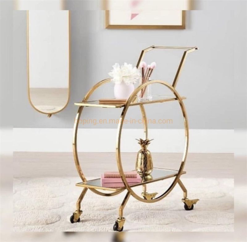 Metal Kitchen Standing Type Vegetable Fruit Storage Rack Trolley Cart Wedding Banquet Restaurant Hotel 2 Tier Metal Gold Luxury Service Food Wine Trolley