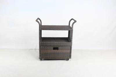 4 Wheels Hotel Restaurant PE Rattan Kitchen Cart Outdoor Furniture with Handle Rack