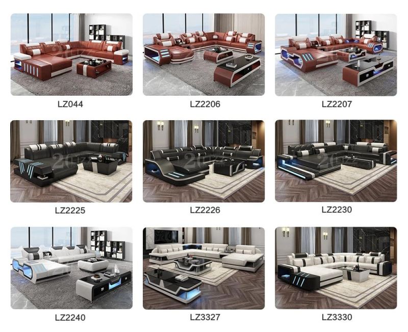 Modern Living Room Leather Sectional Sofa with 7-Colors LED Lighting