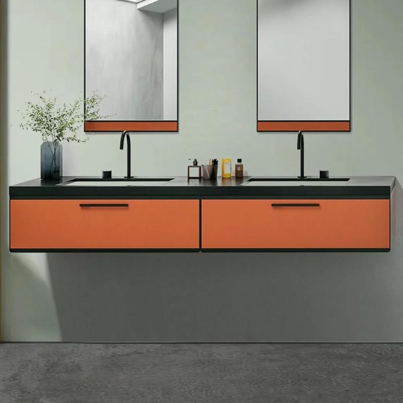 Modern Black Floating Bathroom Vanity with Marble Top Single Ceramic Vessel 2 Doors Shelf