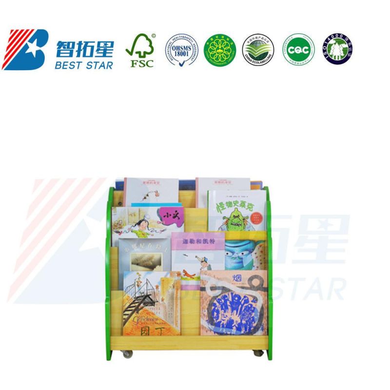 Movable Cartoon Kids Bookcase Bookshelf, Kindergarten and Preschool Furniture, School Library Book Rack, Children Wooden Display Baby Storage Bookshelf