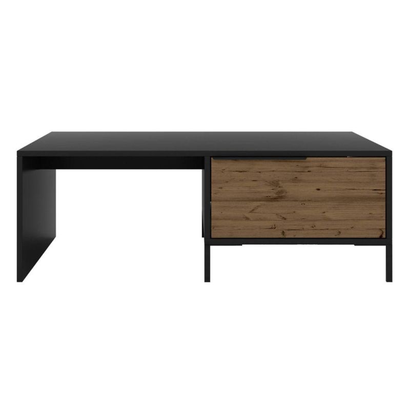 Metal Rectangular Accent Coffee Table with Drawers, Brown and Black