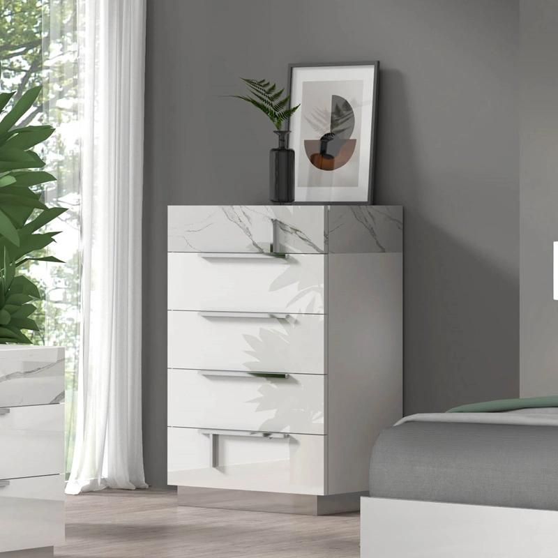 Nova Modern Design Melamine Bedroom Cabinet Glossy White Drawer Chest with Silver Base and Metal Handle