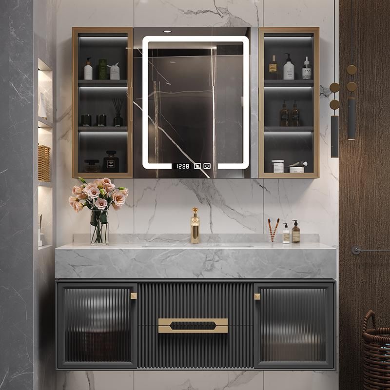 European Style Bathroom Furniture Metal Handle LED Mirror Bathroom Cabinet with Rock Plate Sink