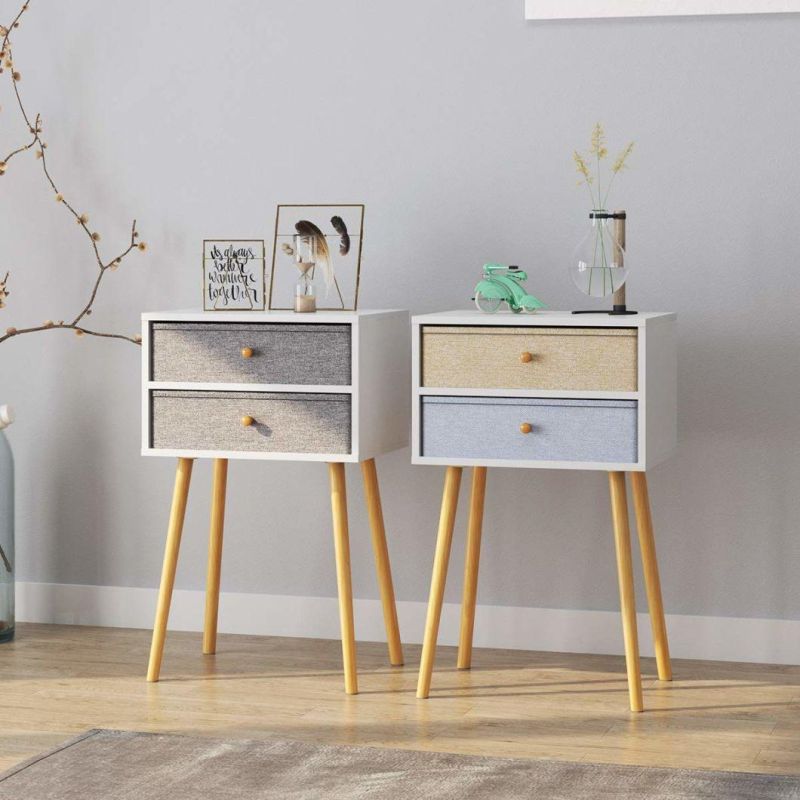 Wooden Nightstand End Table Bedroom Furniture with Grey Fabric Drawers