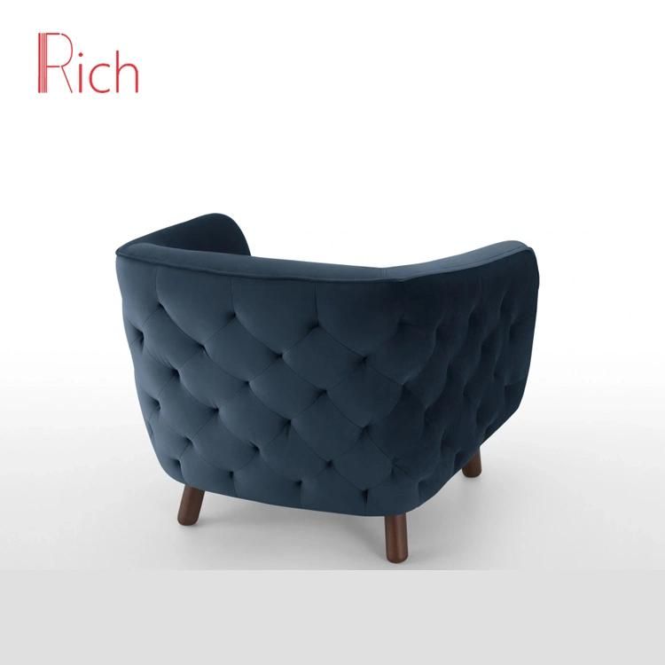 Foshan Living Room Chair Supplier Fabric Velvet Armchair Modern Wood Frame Tufted Blue Accent Chair Furniture