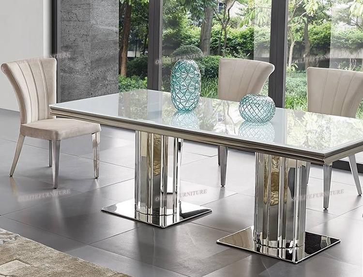 Metal Frame Beige Velvet Dining Chair with Glass Dining Table