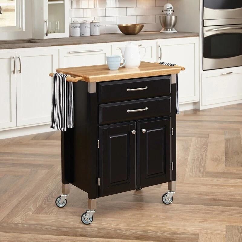 American Home Styles High Quality UV Painting 2-Drawer Rolling Kitchen Cart with Rubber Wood Top