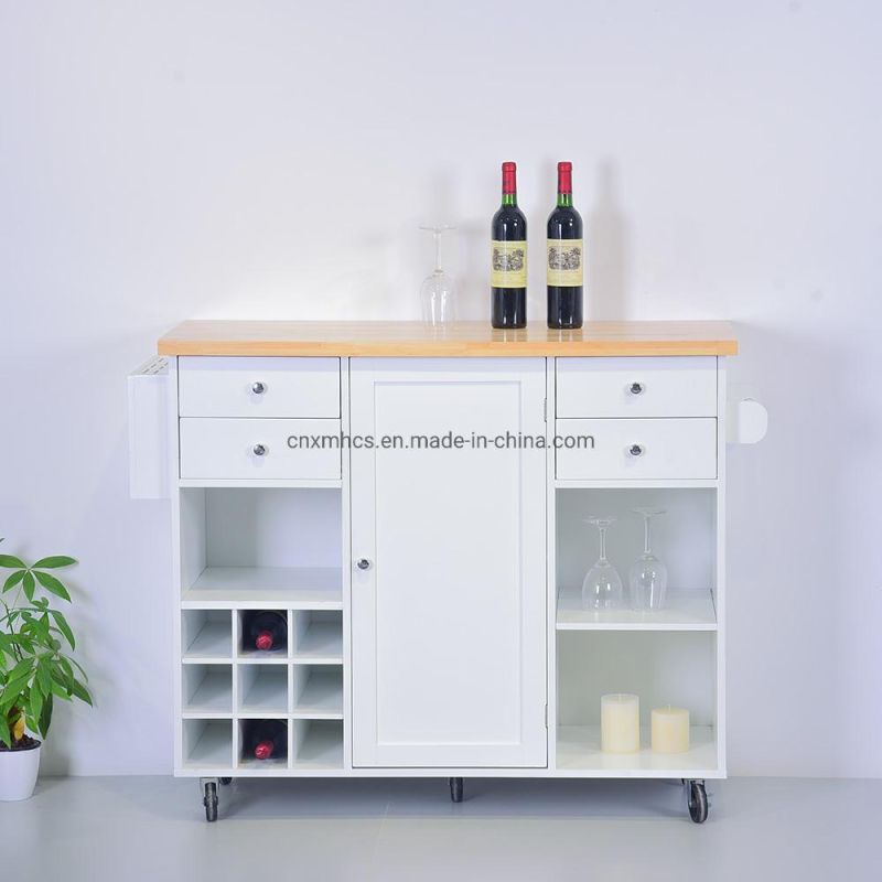 Wooden Kitchen Serving Trolley Cart Storage Rack White Kitchen Island with Wine Rack, Kitchen Furniture, Household Kitchen Cabinet