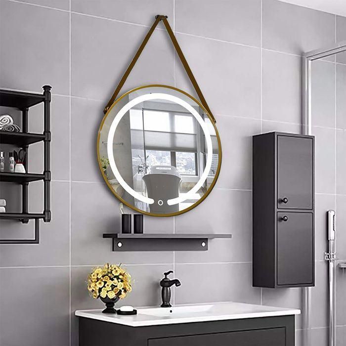 Brass Golden Black White Color Steel Metal Framed Wall Mounted Bathroom Backlit LED Mirror with Leather Strap