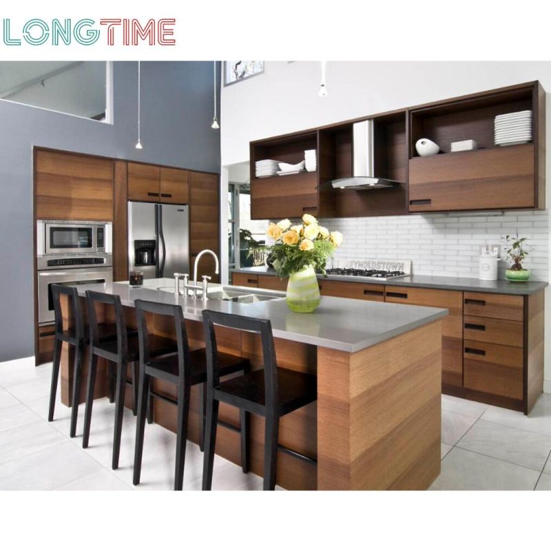 Australia Style Modern Design Wood Grain Flat Door Island Quartz Kitchen Cabinet