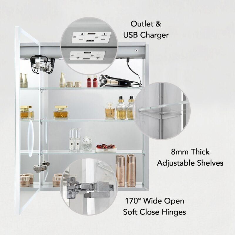 Frameless Double Doors Adjustable Tempered Glass Shelves Mirror Cabinet with Electrical Outlets