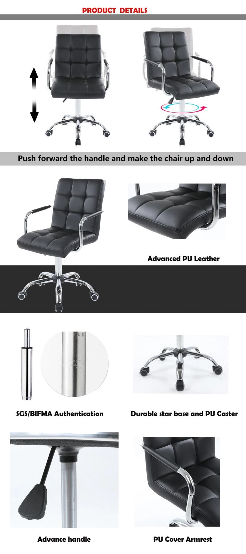 Modern Home PU Seats Bar Chair with Wheels Bar Stool Desk Chair