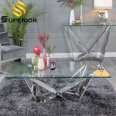 Luxury Modern Transparent Glass Coffee Table with Stainless Steel Base