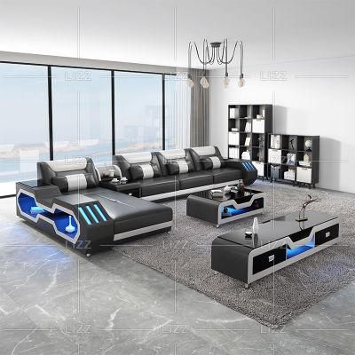 Modern Sectional Living Room Furniture Leisure Genuine Leather Sofa Set with LED Light