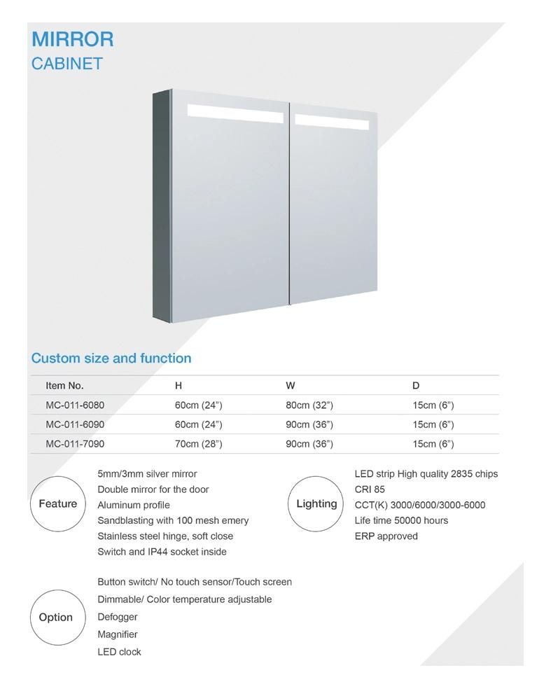 Double Door Mc011 Aluminum Medicine Cabinet with Mirror Bathroom Lighted Mirror Cabinet with Adjustable Glass Shelves Recessed or Surface Mounting