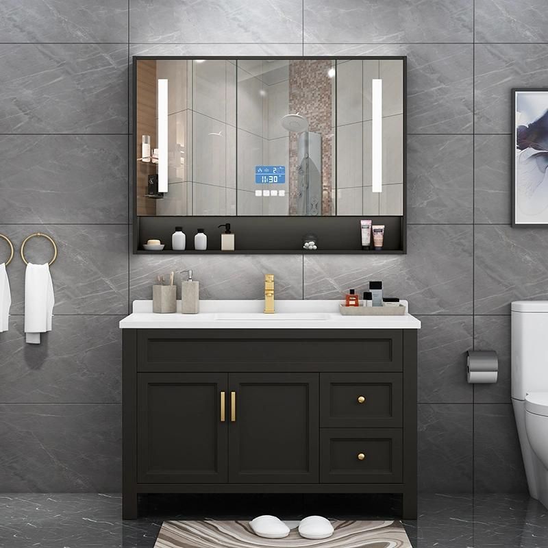 Modern Design Floor Mounted Ceramic Wash Basin Sink Bathroom Furniture LED Mirror Cabinet Wood Cabinet with Ceramic Sink and Marble Top