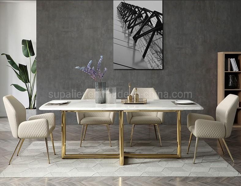 American White Faux Marble Glam Dinner Table Gold Steel Frame