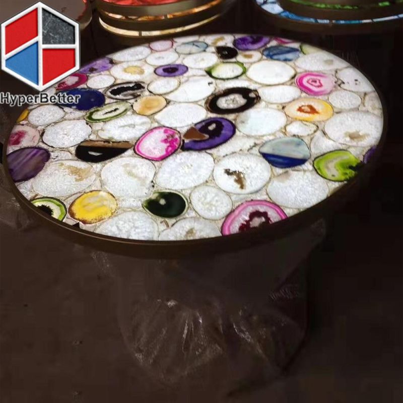 Black Agate Coffee Tables Round with LED Light Inside