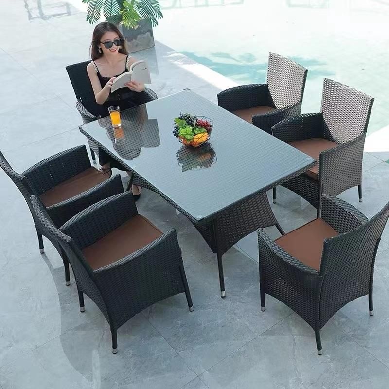 Outdoor Garden Cane Dining Chair Glass Table and 4 Seat Rattan / Wicker Chairs Set