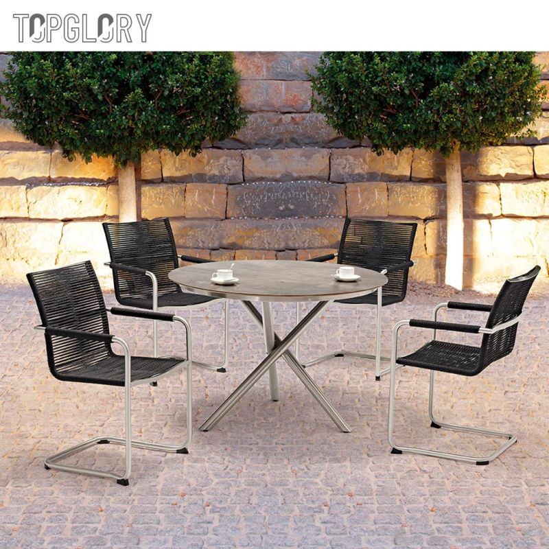 Modern Outdoor Furniture Stainless Steel Tube Frame Armrest Design Imported Dining Table and Chair