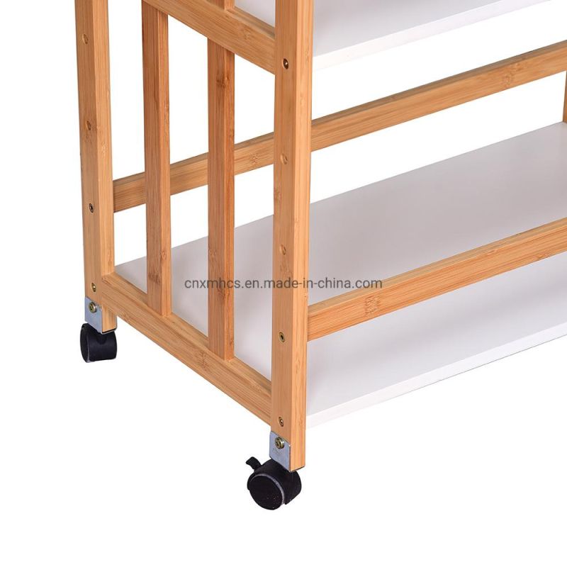 Rolling Natural Bamboo Kitchen Trolley &Storage Cart. 3-Layer Shelves Bamboo Serving Cart for Bar