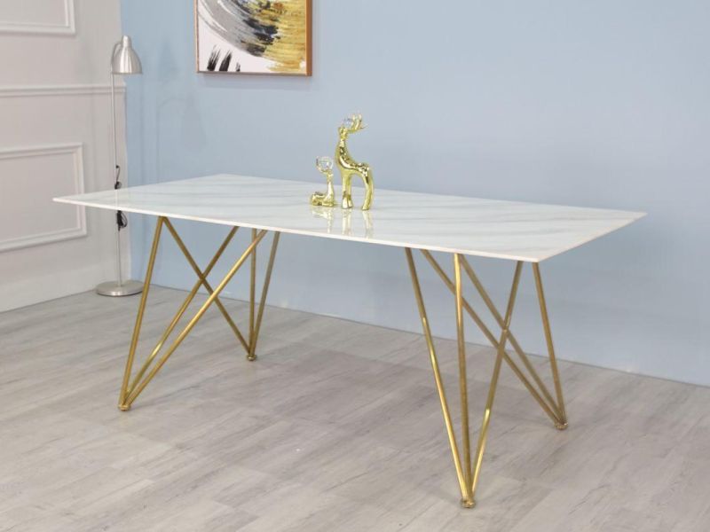 Modern Home Living Room Furniture Table Set Tempered Glass Marble Top Dining Table with Stainless Steel Tube Leg