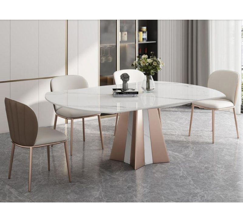 Hot Sale New Modern Best Price Luxury Italian Marble Top Stainless Steel Dining Furniture Set Extendable Dining Tables and Chairs