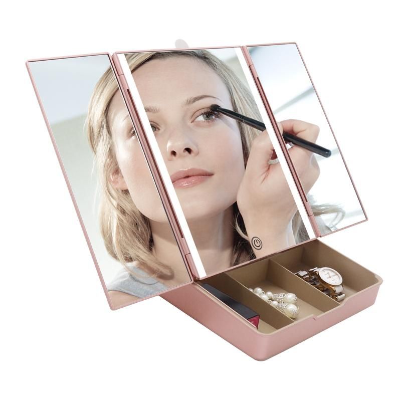 Trifold Rechargeable LED Cosmetic Table Magnifying Mirror with Makeup Storage