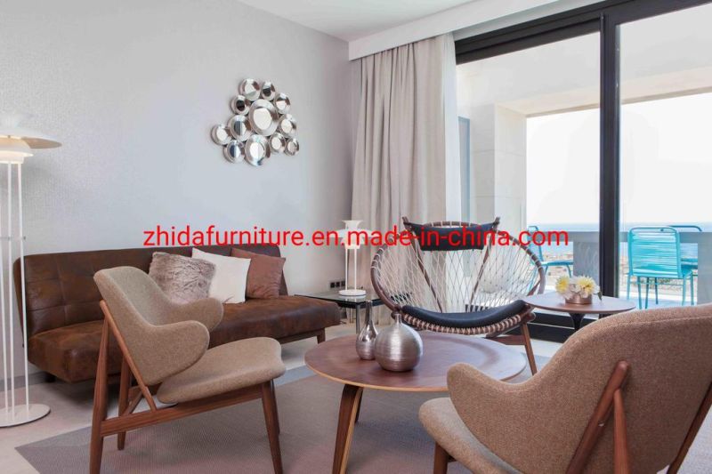 Luxury Apartment Room Modern Five Star Hotel Furniture Villa Living Room Bedroom Wooden King Size Bed with Stool