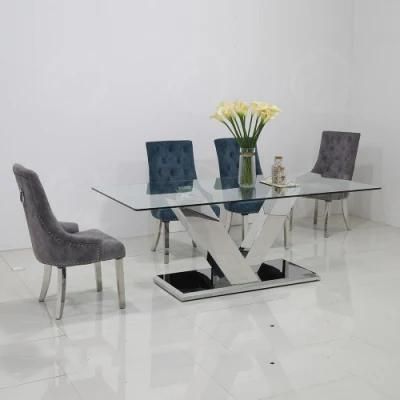 Silver V Stainless Steel Base Glass Modern Dining Table