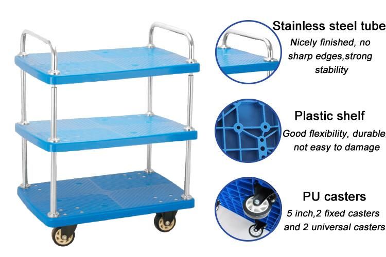 Heavy Duty 3 Tiers Hotel Plastic Service Trolley Cart with PU Wheels