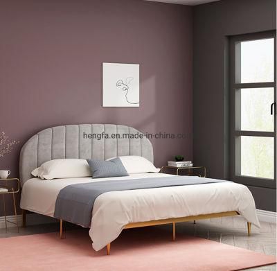 Modern Princess Bedroom Furniture Grey Pink Velvet Cushion Stainless Steel Bed