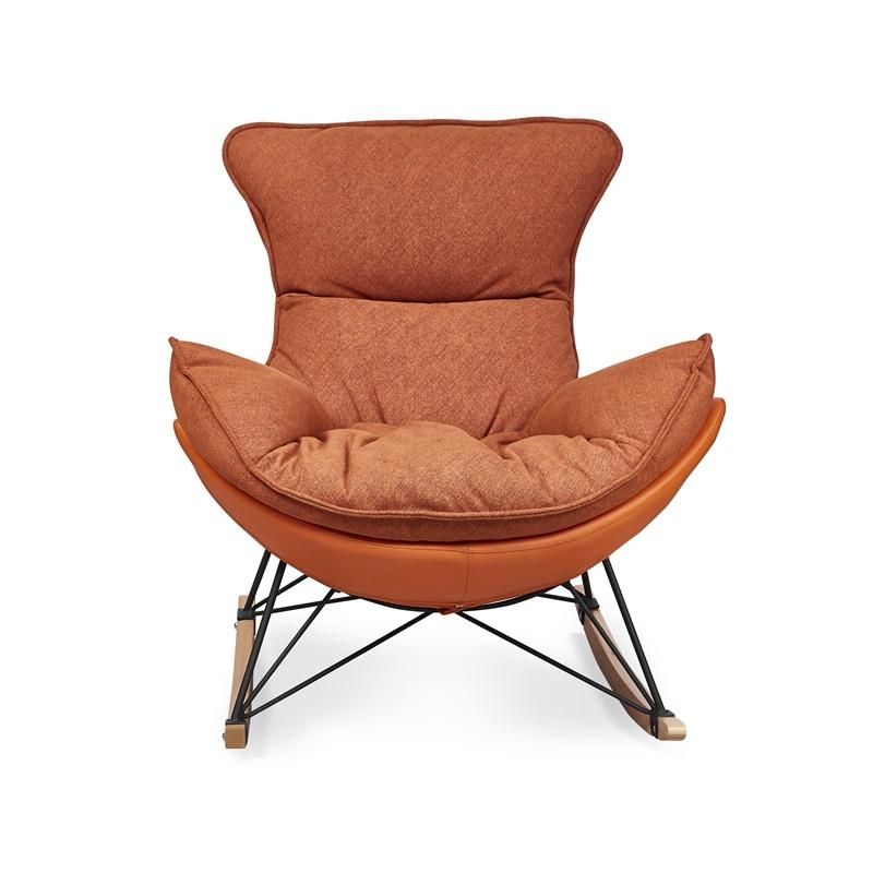 Modern Living Room Furniture Orange Grey Leisure Chair Soft Cushion Leather Fabric Rocking Chair with Footrest Wood Base