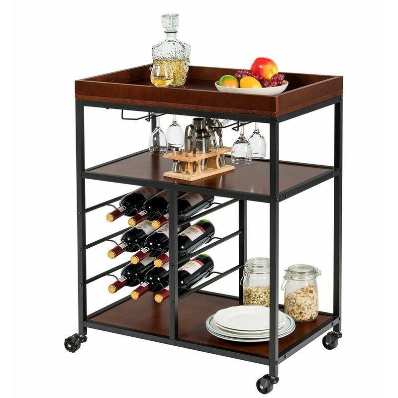 Home Basic 3-Tier Kitchen Rolling Bar Cart with Metal Leg Kitchen Trolley