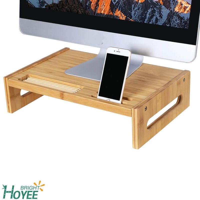 Natural Bamboo Desk Organizer with Storage Slots for Computer Laptop TV