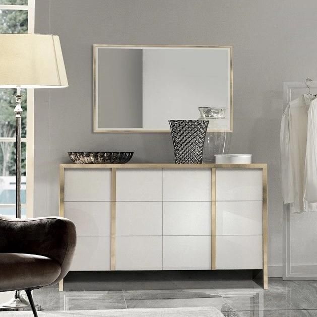 Nova Modern Design Dressing Drawers with Metal Vertical Handles and Golden Frame Mirror