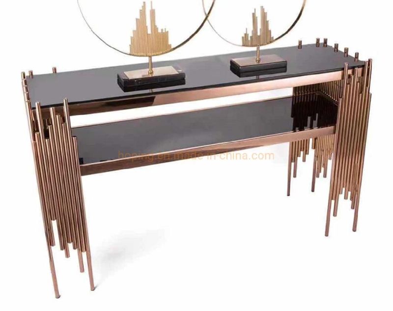 Hollywood Console Table in Golden Black Metal Base with Mirrored Glass Top