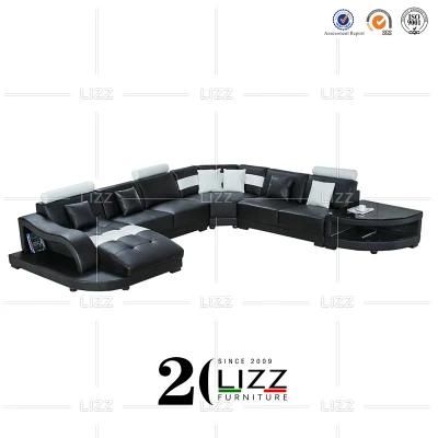 Functional LED Modern European Design Home Living Room Furniture Set Genuine Leather Sofa