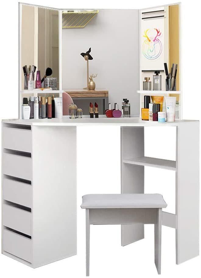 Corner Vanity Makeup Desk Dressing Table with Tri-Folding Mirror and 5 Drawers Makeup Vanity Table for Girls White Dresser