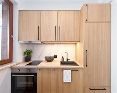 Apartment Linear Shape Durable Fresh Environmental Friendly Wood Veneer Kitchen Cabinet