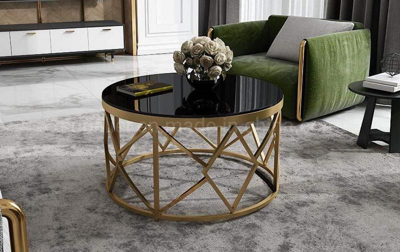 French Style Gold Steel Coffee Table with Black Glass