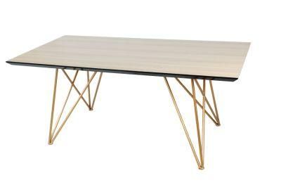 Modern Home Office Restaurant Furniture Table Sets Stainless Steel Golden Color Wooden Dining Table with MDF Table Top