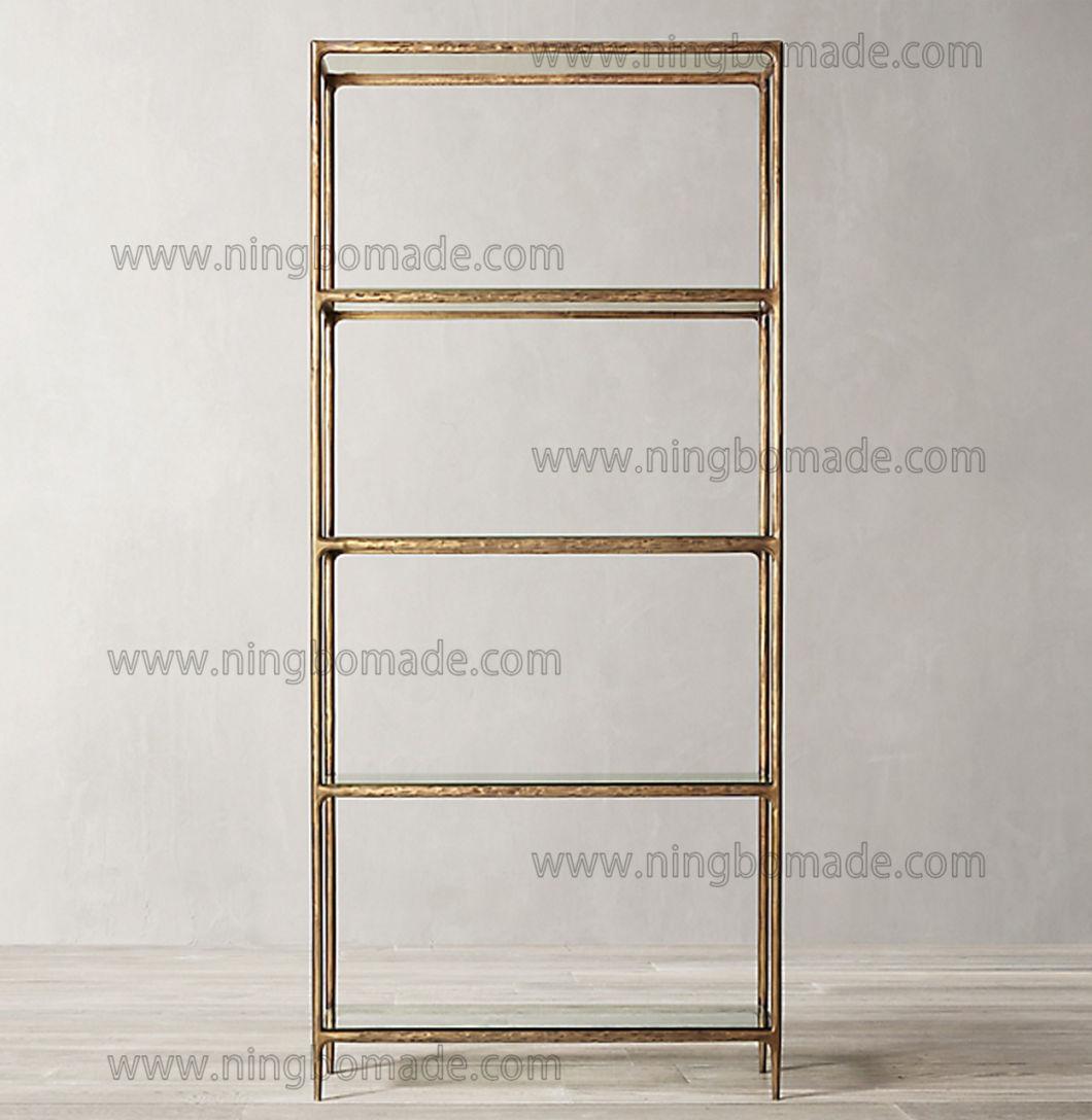 Rustic Hand Hammered Collection Furniture Forged Solid Iron Metal with Brass Color Thick Tempered Glass Book Shelf