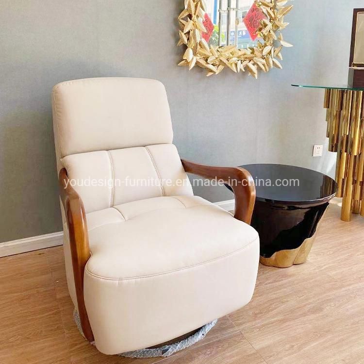 Living Room Wood Leather Rotatable Leisure Lazy Rocking Chair Modern Design Furniture