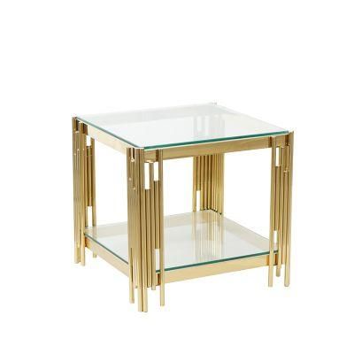 Modern Creative Design Furniture Clear Glass Top Gold Steel Base Square Coffee Tables for Living Room